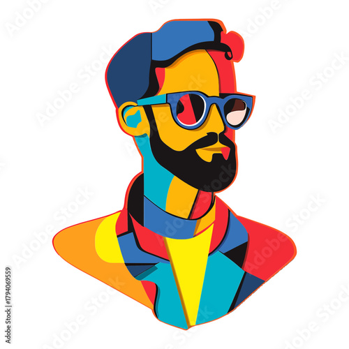 Pop art style illustration of a fashionable man with a beard and sunglasses, made of colorful, overlapping paper cutouts. Ideal for blogs on design, art, fashion, modern style, and creative industry 