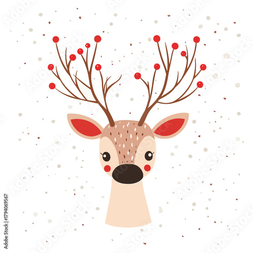 Cute cartoon reindeer head with red berry antlers, rosy cheeks, and speckle background. Ideal for blogs on holidays, Christmas, children's crafts, seasonal greetings, and winter events.