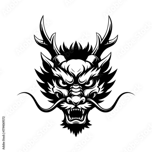 Fierce black and white illustration of a traditional east asian dragon head