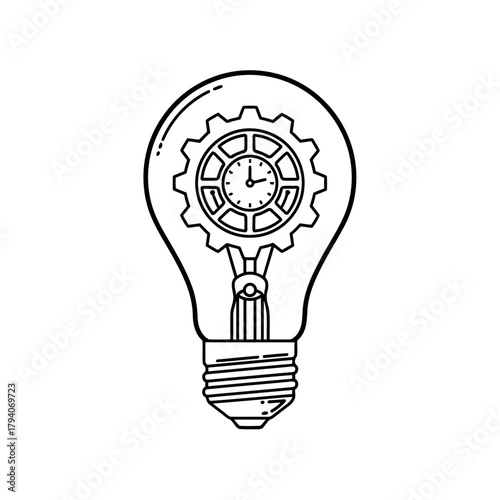 Steampunk light bulb with clockwork gears and clock face inside