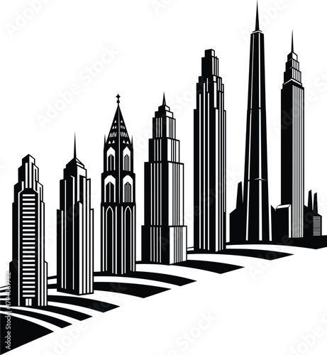 Modern black skyline silhouette illustration of diverse city skyscrapers, architectural landmarks, urban skyline design, tower shapes, contemporary metropolitan background