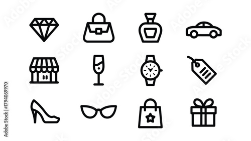 Luxury lifestyle icons set featuring diamond handbag perfume car and more