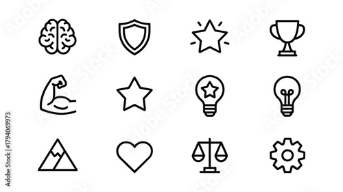 Collection of simple line icons representing success and achievement