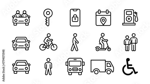 Collection of transportation and mobility icons