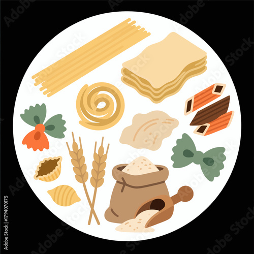 Variety of pasta types in a flat illustration style isolated on white
