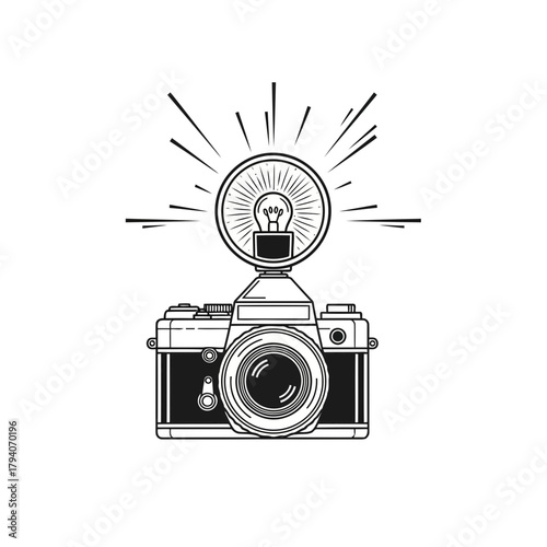 Vintage camera with flash bulb and light rays