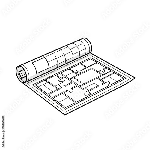 Architectural blueprint of a house floor plan unrolled on a, architectural drawing