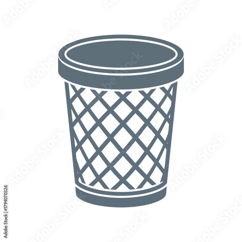 A simple, stylized illustration of a grey trash can with a diamond pattern, isolated on a