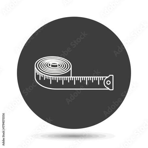 A white outline of a measuring tape is shown against a dark grey circular background with a subtle shadow beneath
