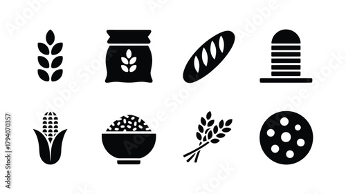Collection of black and white icons representing grains and baked goods