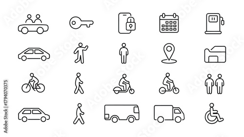 Collection of hand drawn icons representing transportation and services