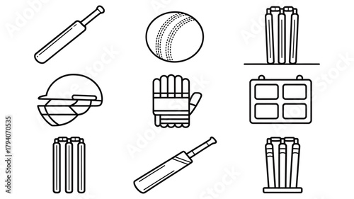 Cricket equipment icons set black and white line art