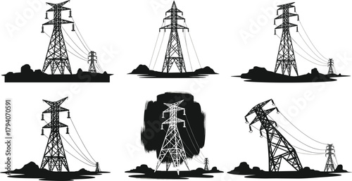 Set of high voltage power transmission tower silhouettes, electrical grid energy infrastructure illustration, industrial utility pylons vector collection on landscape