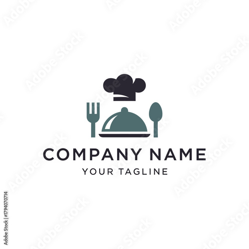 Elegant Restaurant Logo Featuring Chef Hat, Serving Dish, Fork, and Spoon.