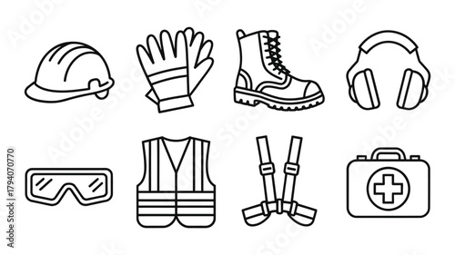 Collection of safety gear and personal protective equipment icons