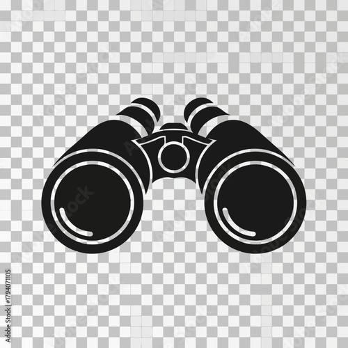 Black silhouette of binoculars on a transparent background, representing search, discovery, and observation