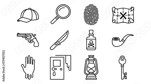 Detective and crime scene investigation icons collection