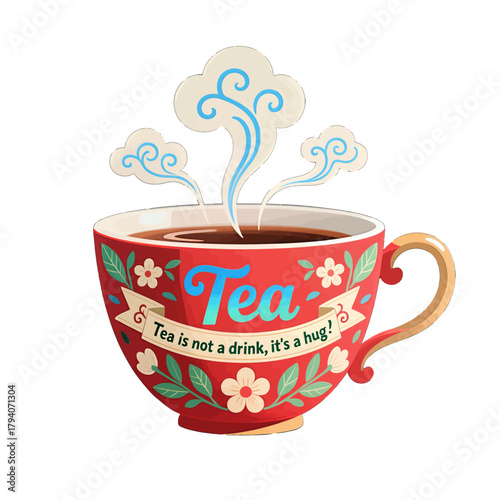 Whimsical Red Teacup with Rising Steam and Floral Design