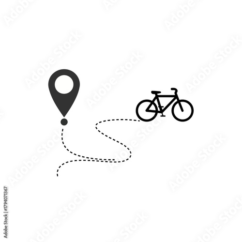 Simple black icon of a bicycle with a dotted line path leading from a location pin