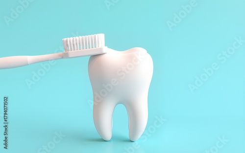 A white toothbrush brushing a large white tooth against a light blue background, concept for dental hygiene, oral care, and healthcare advertising. High quality