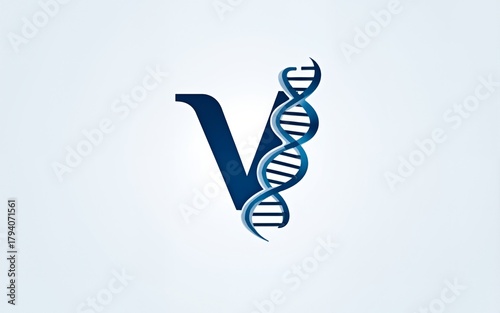 Letter V DNA helix monogram logo biotech genetics medical laboratory science brand identity alphabet. High quality