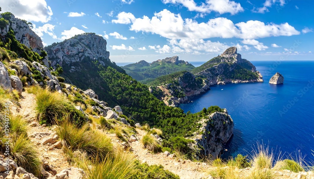 Obraz premium Scenic Coastal Landscape with Rugged Cliffs and Azure Sea.
