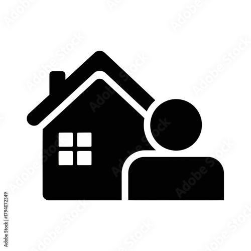 Black silhouette icon representing a person standing next to a house, symbolizing home ownership or real estate services