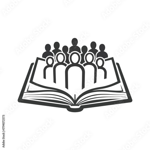 Stylized illustration of a group of people standing on an open book, symbolizing education, knowledge, and community