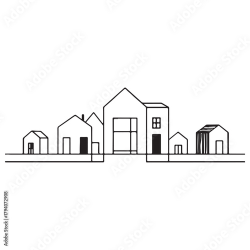 Minimalist Black Line Art Cityscape with Modern Houses on White