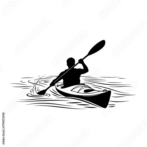 Silhouette of a person kayaking on water, paddling with an oar
