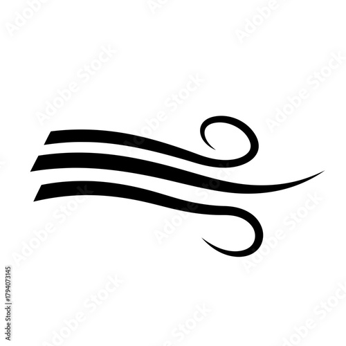 Stylized black wind symbol with swirling curves and lines