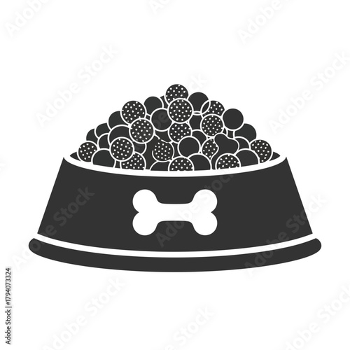 A black and white illustration of a dog bowl filled with kibble and a bone icon on the front, isolated on a