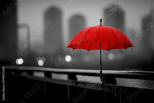 red umbrella in the rain against a black city background.