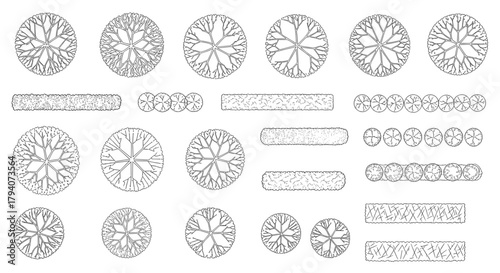 Various tree top view illustrations in black and white.