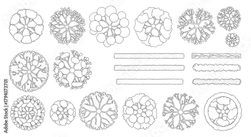 Collection of various top-down line drawings of trees, shrubs, and hedges for landscape design plans.
