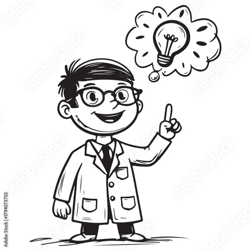 Black White Line Art of Boy Genius with Bright Idea Bubble
