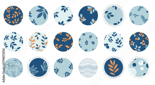 A diverse collection of circular botanical patterns featuring leaves, branches, and berries in a calming blue and orange color scheme, ideal for modern design.