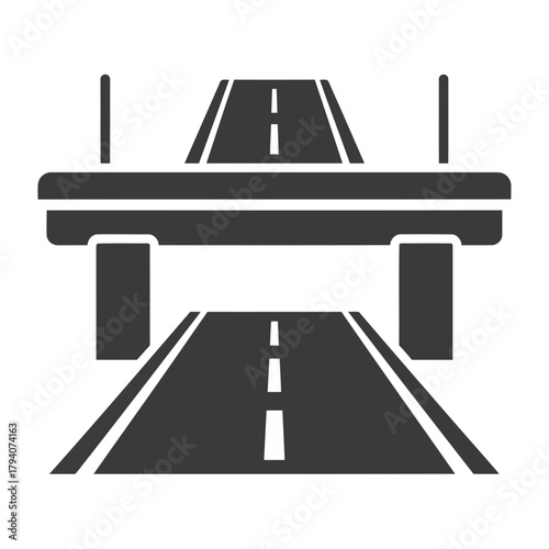 A simple, stylized illustration of a highway overpass with lanes and markings, presented in a dark grey silhouette