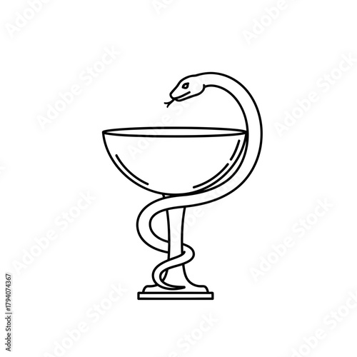 Rod of asclepius symbol, medical caduceus snake and bowl