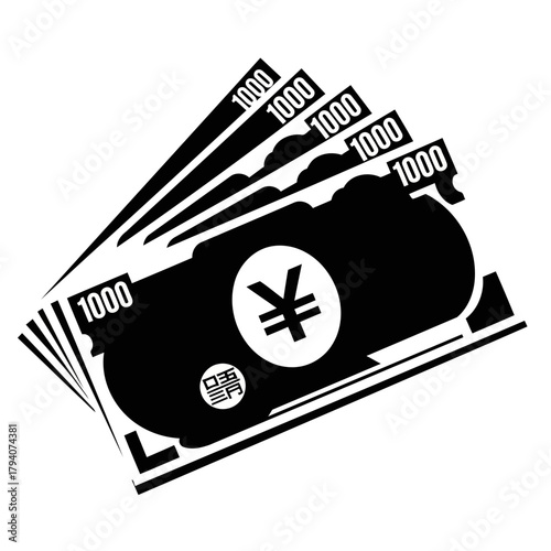 A stylized black and white illustration of a fan of japanese 1000 yen banknotes, representing currency and finance