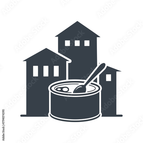 Food security concept, canned food in front of residential buildings, symbol of urban hunger and poverty