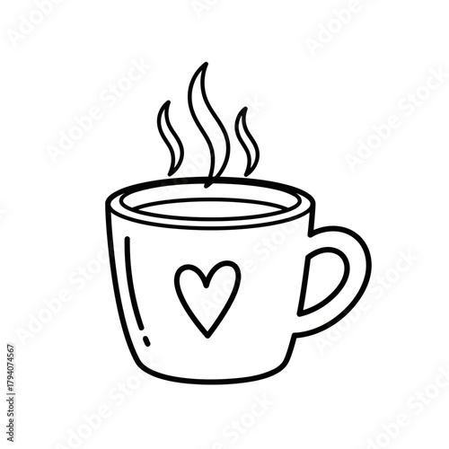 Cute handdrawn illustration of a steaming coffee mug with a heart symbol