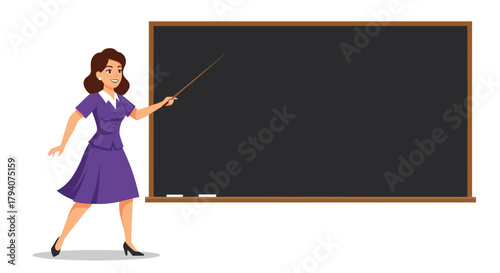 A friendly cartoon female teacher in a purple dress smiles and points at a blank blackboard with a pointer stick, ready for a lesson.