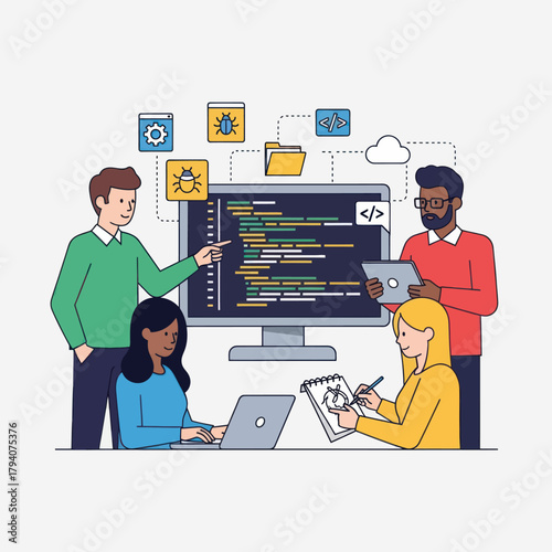 A diverse team of software developers collaborating on a coding project, debugging, and designing.