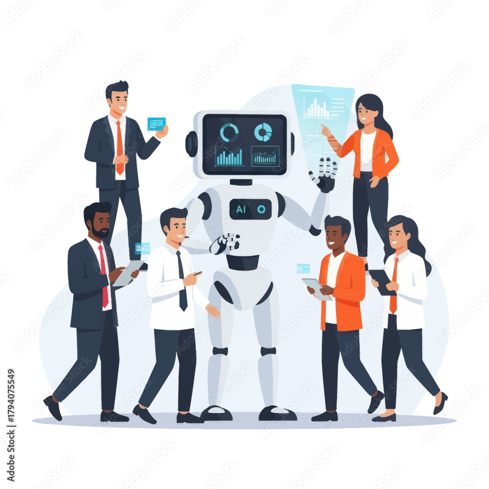 Fototapeta premium Artificial intelligence robot presenting data analytics on a holographic screen to a diverse business team.