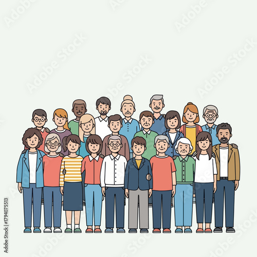 A large, diverse group of multi-generational people standing together in a friendly community portrait illustration.