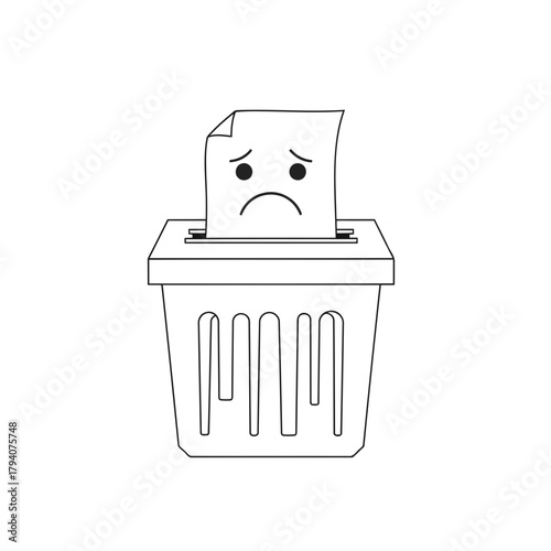 Sad paper with a face being thrown into a trash can