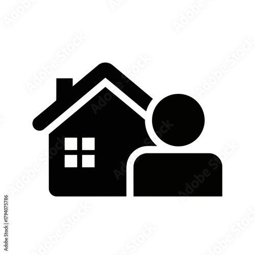 A simple black icon representing a person in front of a house, symbolizing home ownership or real estate services