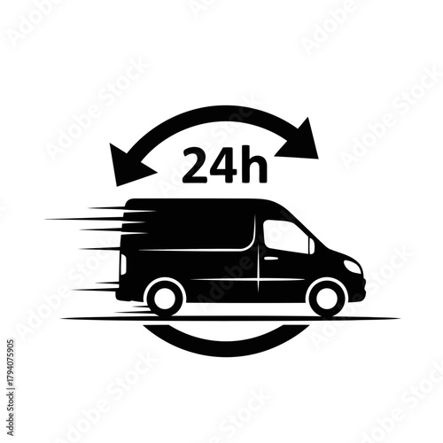 24 hour delivery service van icon with speed lines and circular arrows