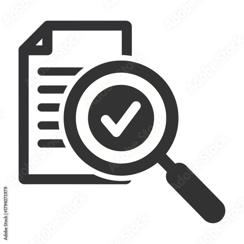 Magnifying glass over document with checkmark, symbolizing review, audit, or verification process
